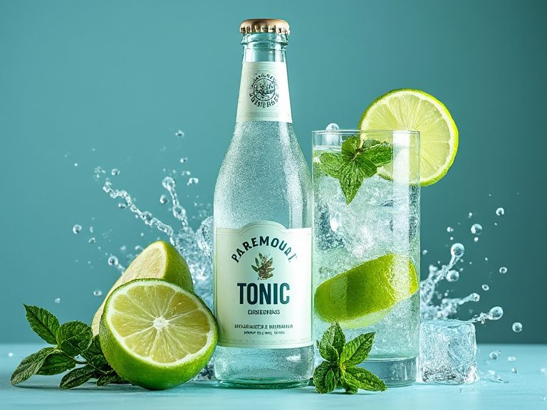 Verschiedene Tonic Water Flaschen mit Eis und Limetten
