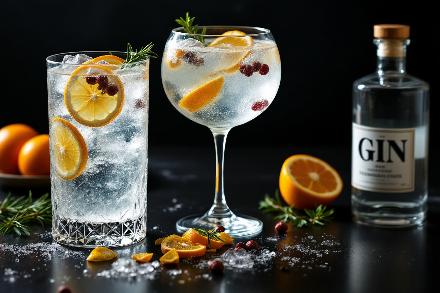 Gin & Tonic mit botanischen Zutaten auf dunklem Hintergrund